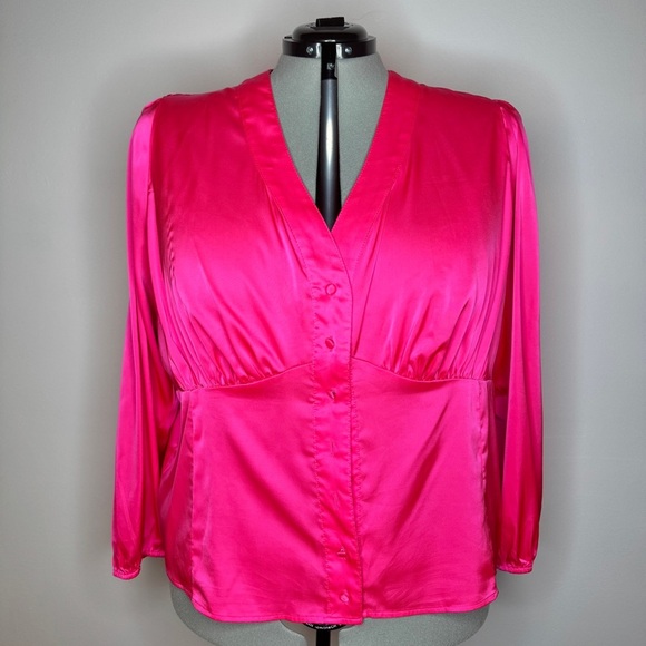 Torrid Pink Silky Button Down Top with Puff Sleeves - Picture 2 of 6